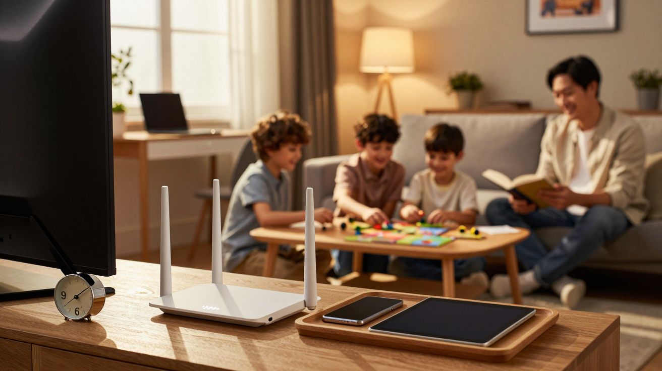 Roteador, relógio, celular e tablet em mesa com crianças e adulto brincando e lendo em sala iluminada.