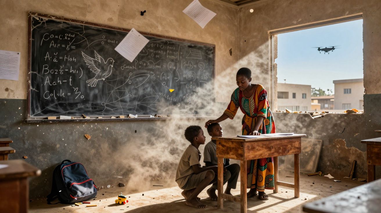 Sala de aula simples com professora e dois alunos, quadro-negro com desenho de pomba e drone visível pela janela.
