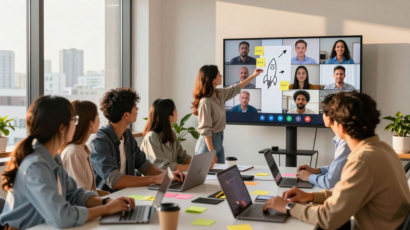 Equipe em reunião híbrida com laptops, discutindo projeto exibido em tela com videoconferência.