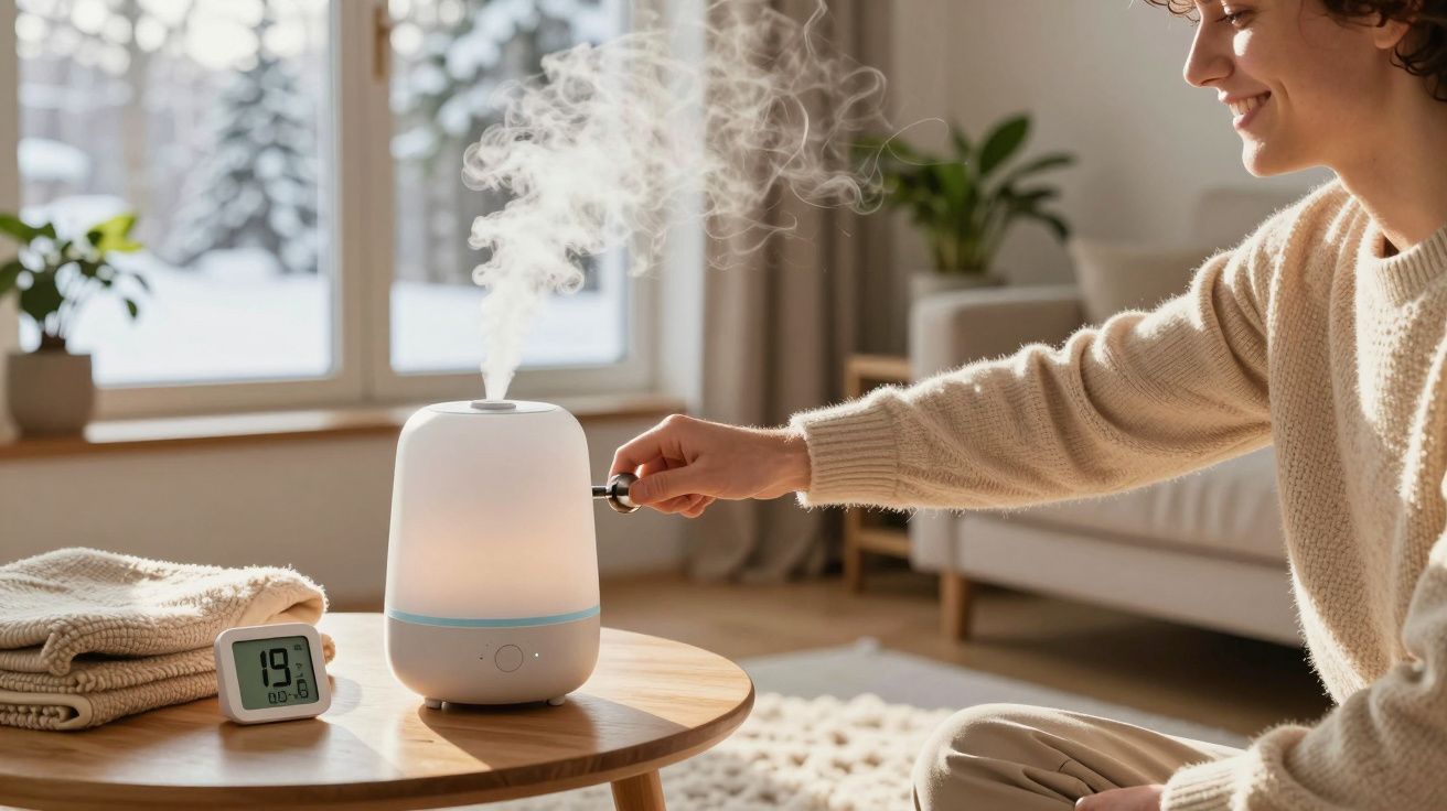 Pessoa regulando um umidificador branco em mesa próxima a termômetro marcando 19°C em ambiente aconchegante.