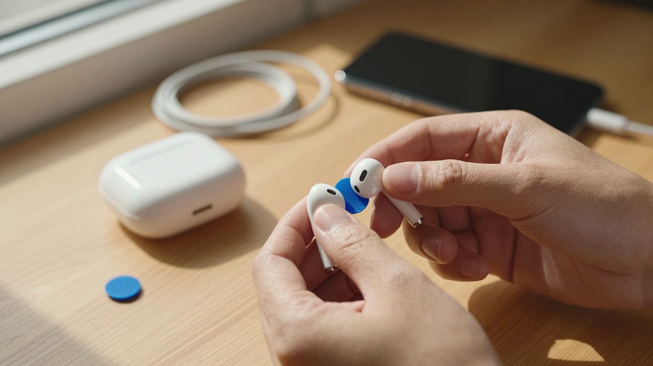 Mãos segurando fones de ouvido brancos enquanto aplicam protetores azuis em uma mesa de madeira.