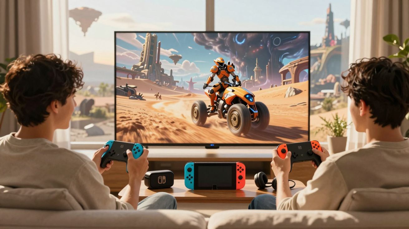 Duas pessoas jogando videogame de corrida futurista em TV grande com controles Nintendo Switch.
