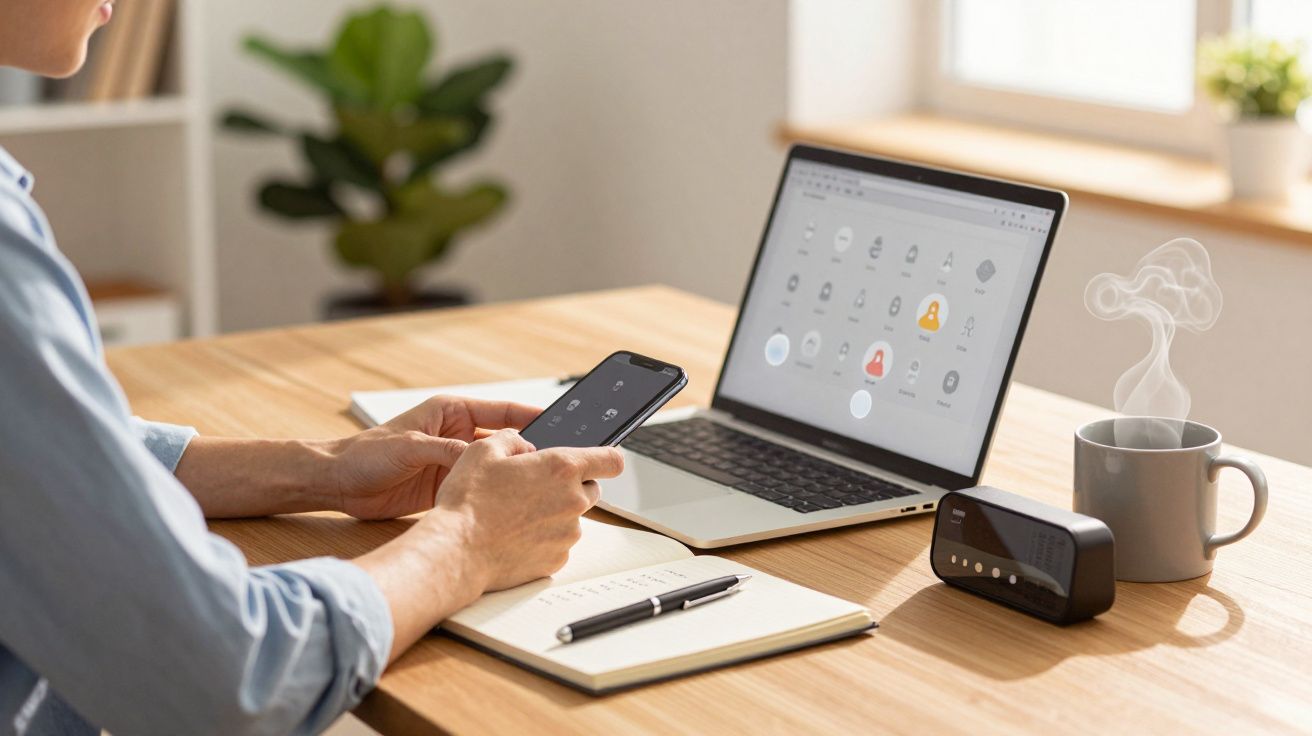 Pessoa usando celular com laptop, caderno, caneta, caixa de som e caneca com bebida quente sobre mesa de madeira.