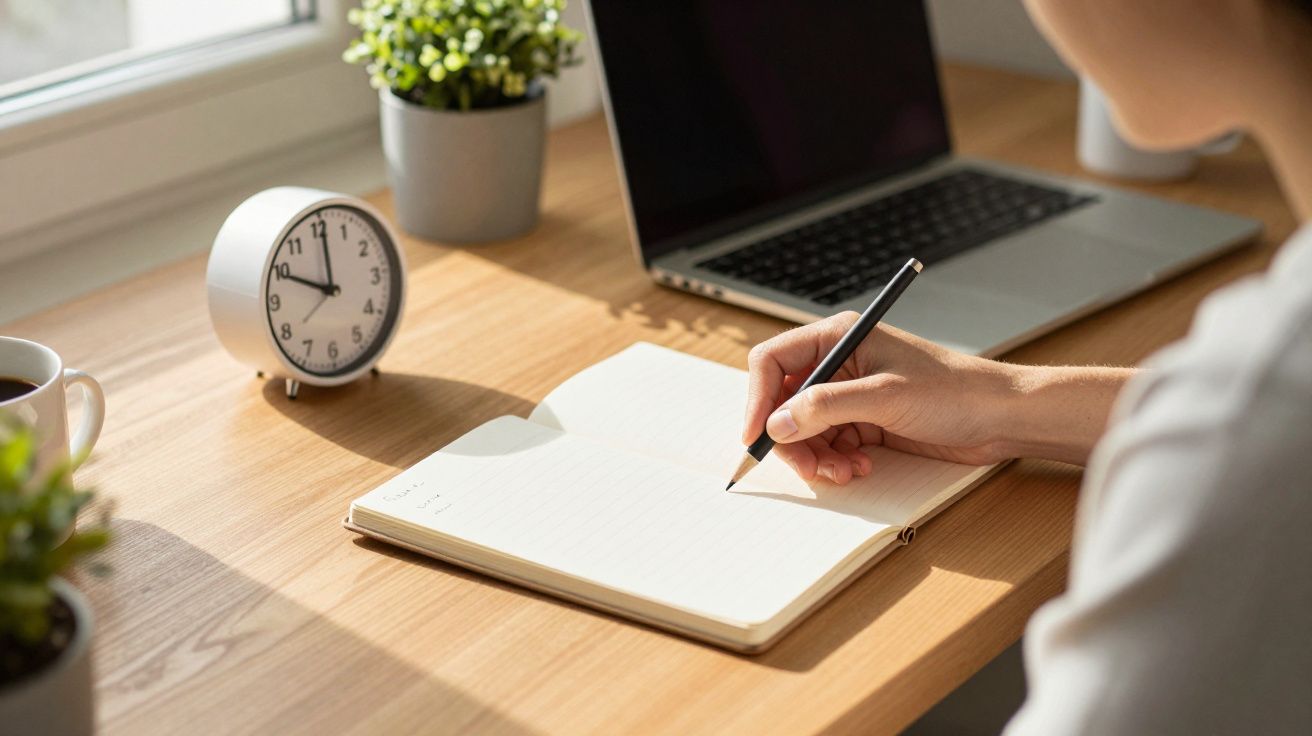 Pessoa escrevendo em caderno aberto sobre mesa com relógio, computador e plantas ao lado da janela.