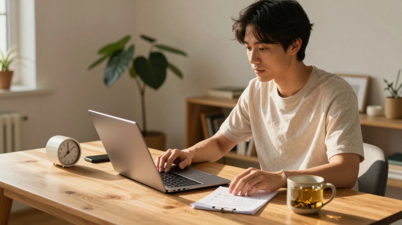 Jovem sentado à mesa trabalhando no laptop com relógio, caderno e xícara de chá ao lado.