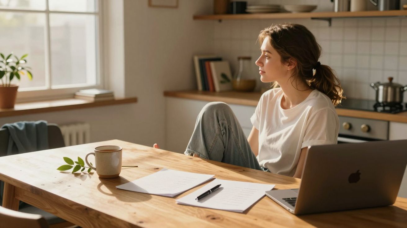 Mulher jovem pensativa olhando pela janela, sentada à mesa com documentos, caneta, laptop e xícara.