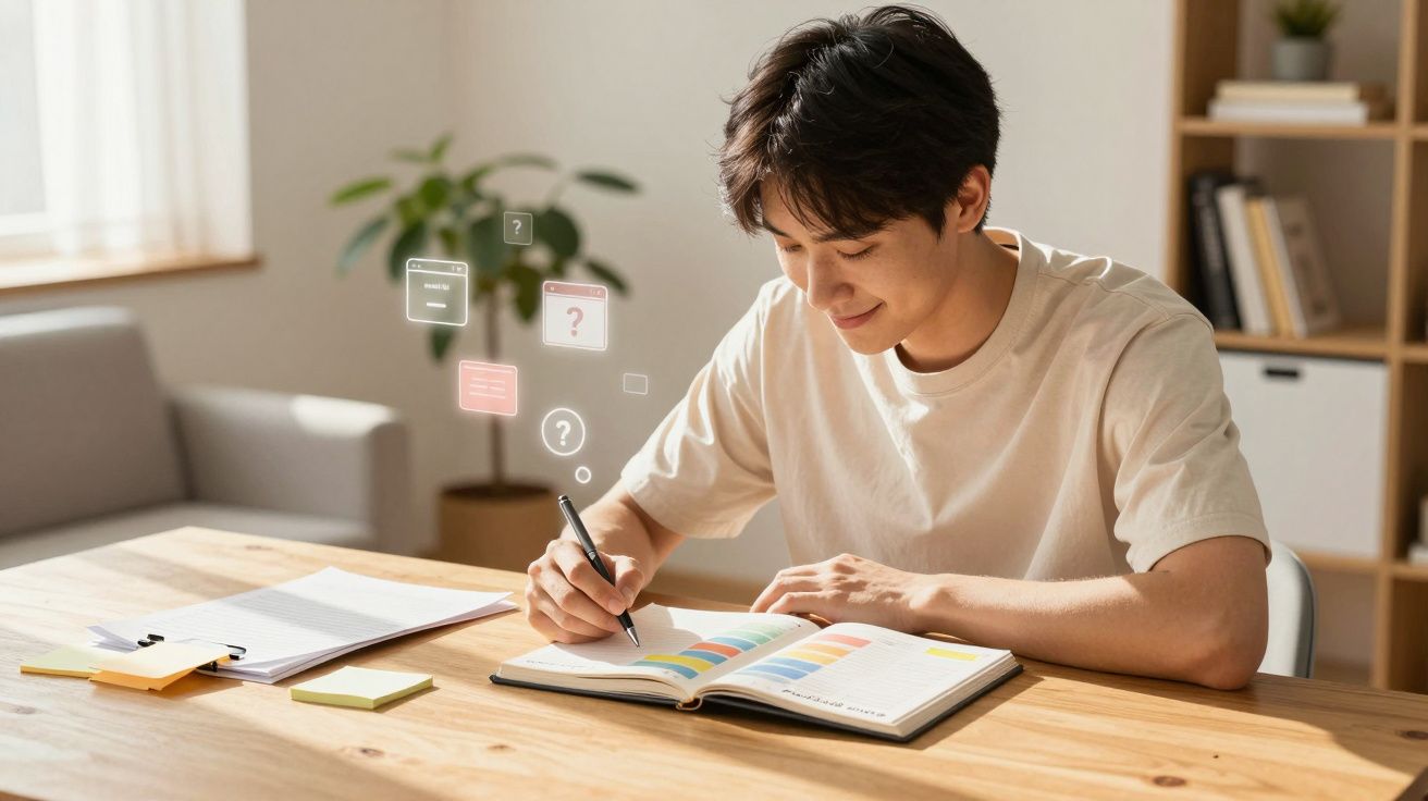 Jovem sorridente estudando e fazendo anotações em um planner colorido em mesa de madeira clara.
