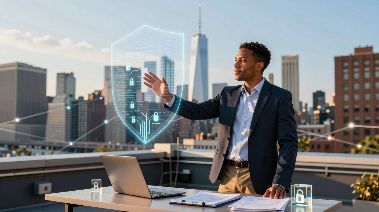 Homem tocando escudo digital transparente representando segurança cibernética, em terraço com laptop e documentos.