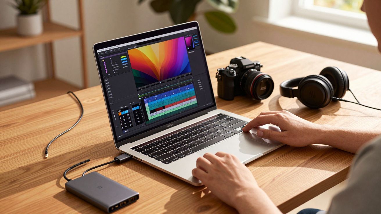 Pessoa usando laptop para edição de vídeo, com câmera, fones de ouvido e disco rígido em mesa de madeira.