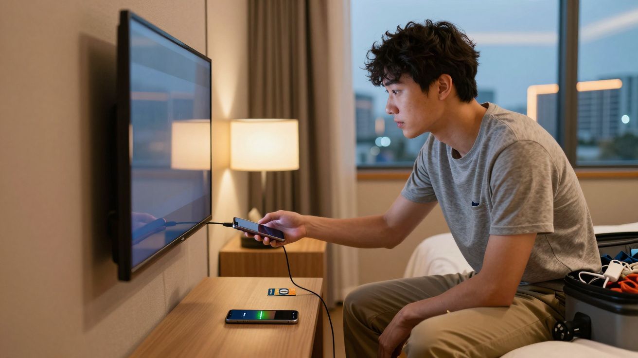 Jovem sentado na cama controlando TV com controle remoto enquanto carrega celular em quarto iluminado.