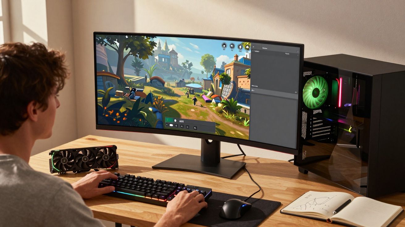 Pessoa jogando videogame em computador com monitor ultrawide e teclado iluminado, em ambiente iluminado.