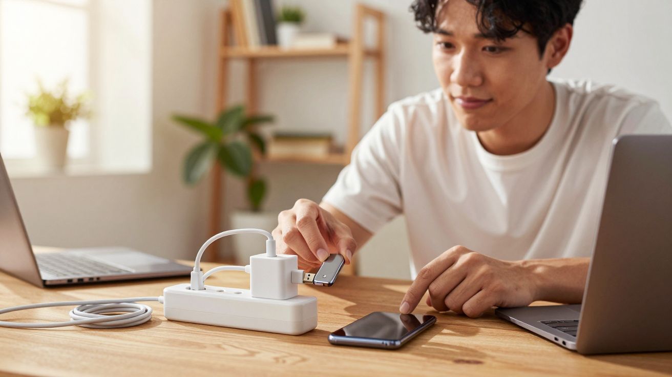 Homem insere pen drive em carregador conectado à tomada perto de notebooks e celular em mesa de madeira.