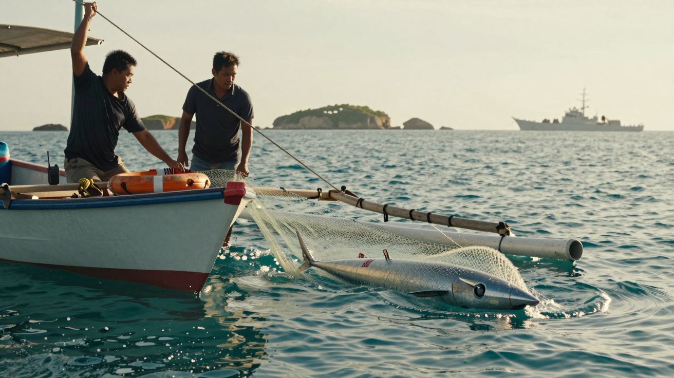 Dois pescadores puxam uma grande rede com peixe de um barco em mar calmo com ilhas e navio ao fundo.