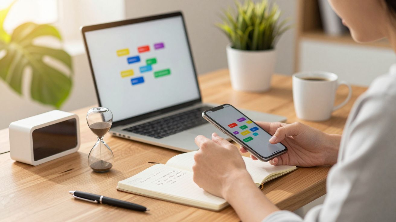 Pessoa usando smartphone para organizar tarefas, com notebook, ampulheta, caderno e caneca em mesa de madeira.