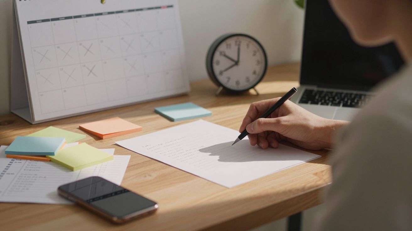 Pessoa escrevendo à mão em papel sobre mesa com celular, post-its, calendário e relógio de mesa.