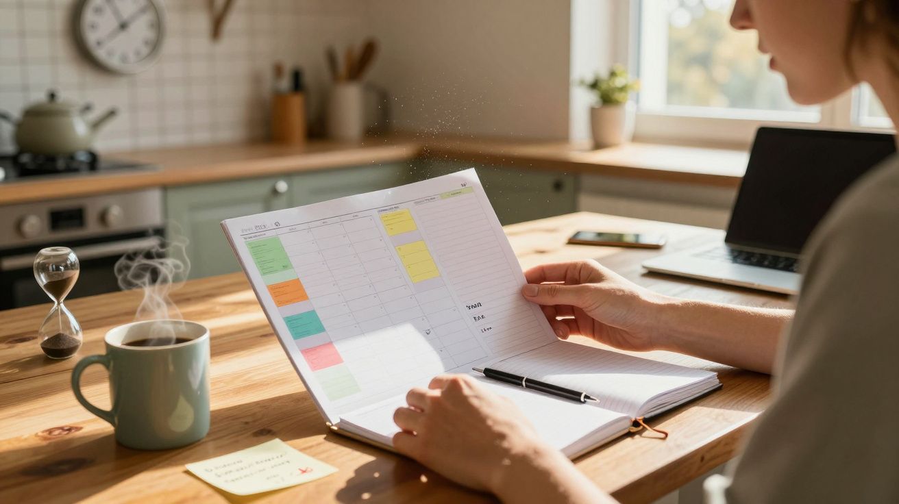 Pessoa lendo agenda semanal e organizando tarefas em cozinha iluminada com xícara de café fumegante à mesa