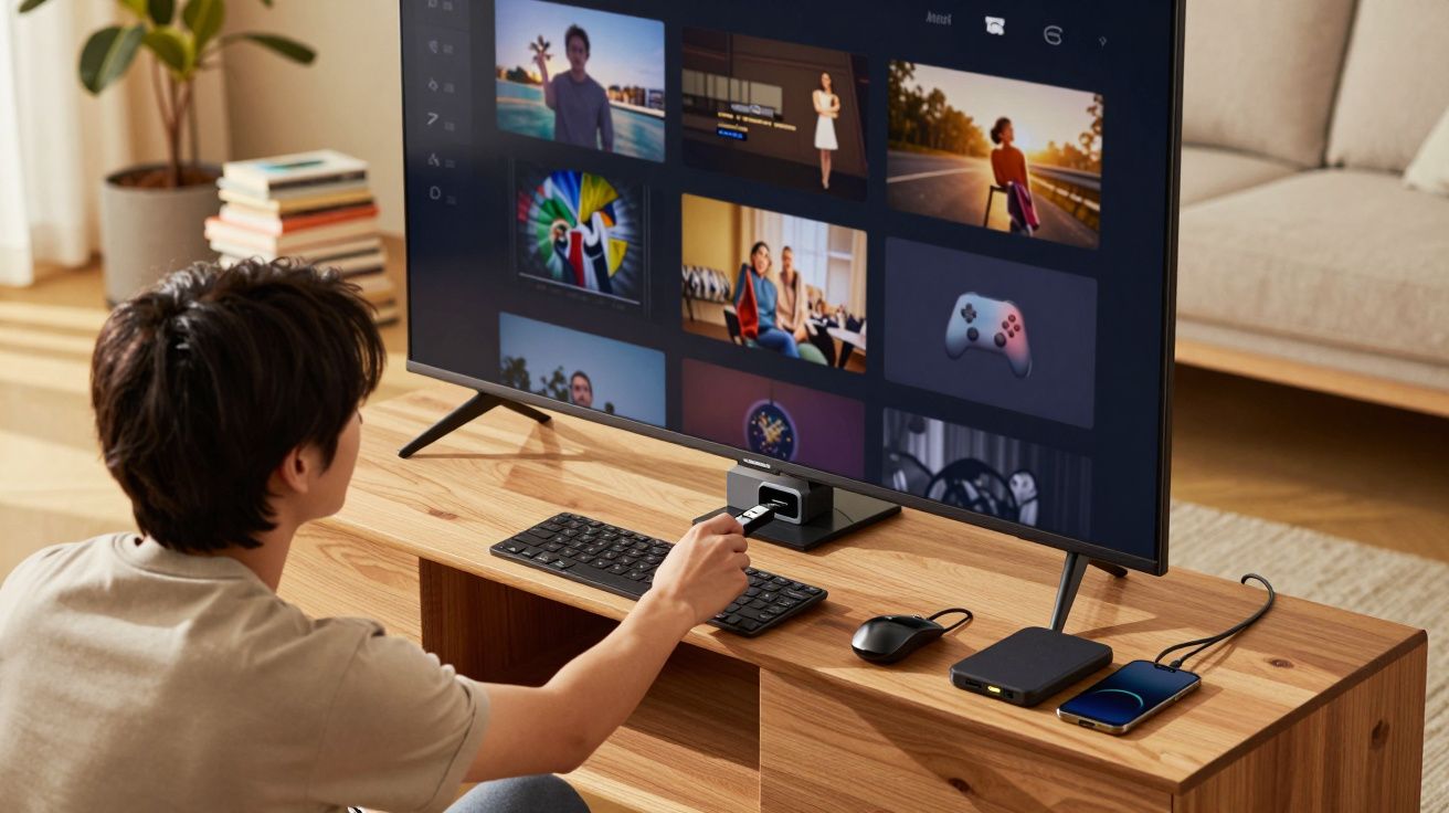 Pessoa sentada controla streaming em TV grande com controle remoto em sala de estar moderna.