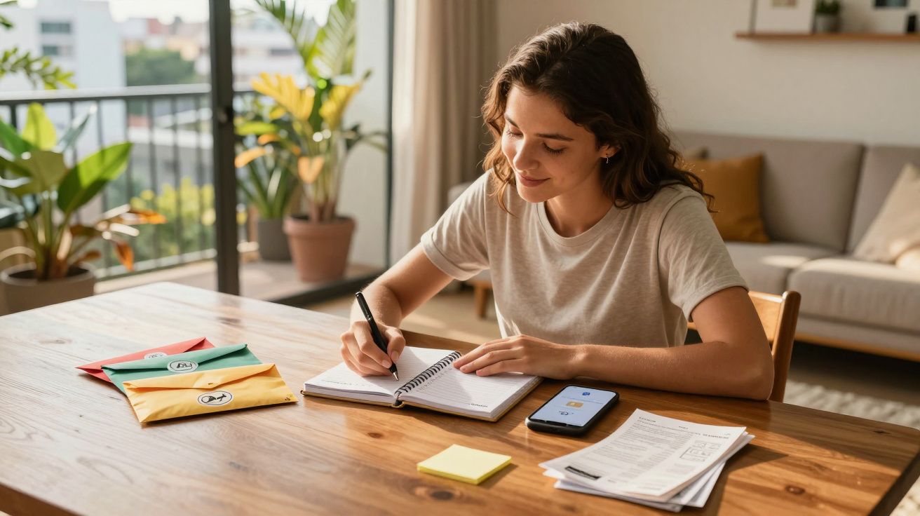 Mulher jovem escrevendo em caderno com documentos, celular e envelopes coloridos em mesa de madeira.