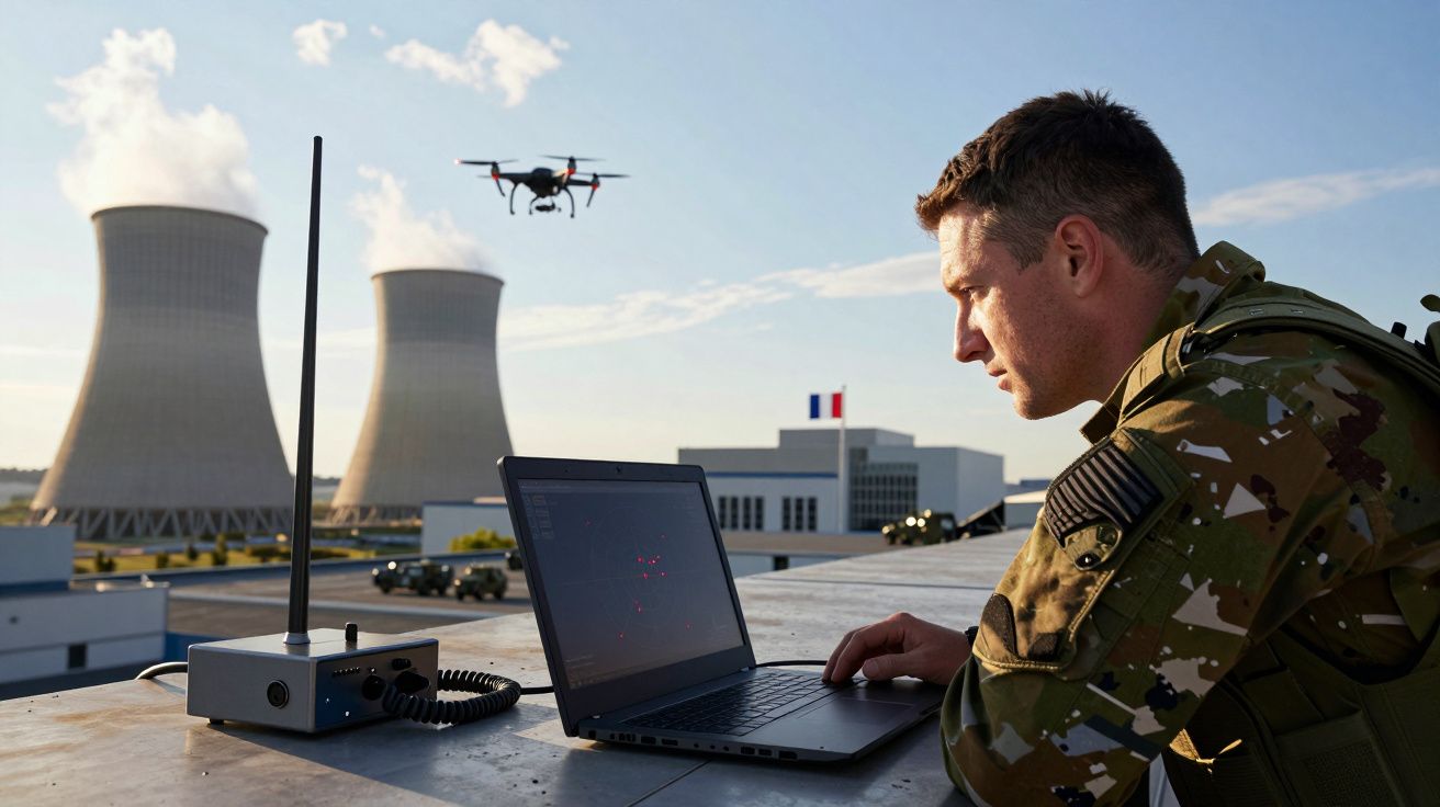 Soldado usando laptop para controlar drone próximo a usina nuclear ao entardecer.