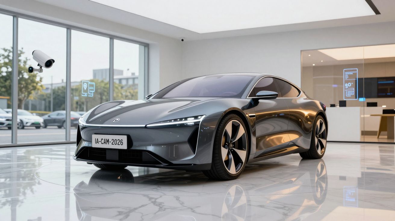 Carro elétrico esportivo cinza em showroom moderno com piso branco e paredes de vidro.