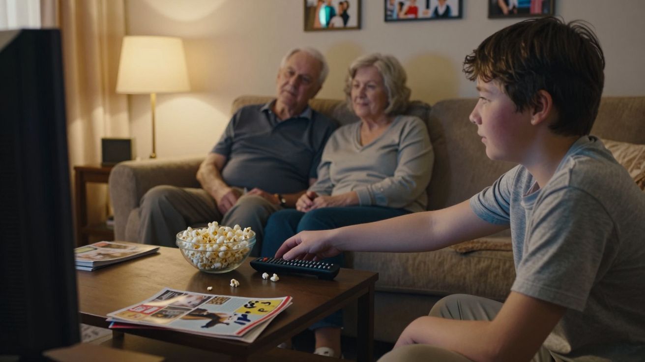 Jovem com controle remoto sentado no sofá assistindo TV, casal idoso ao fundo com tigela de pipoca na mesa.