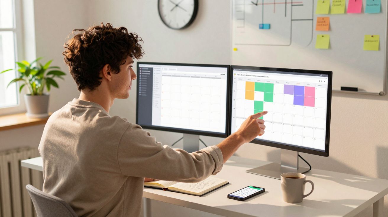 Pessoa analisando gráficos coloridos em dois monitores em mesa com notebook, celular e caneca.