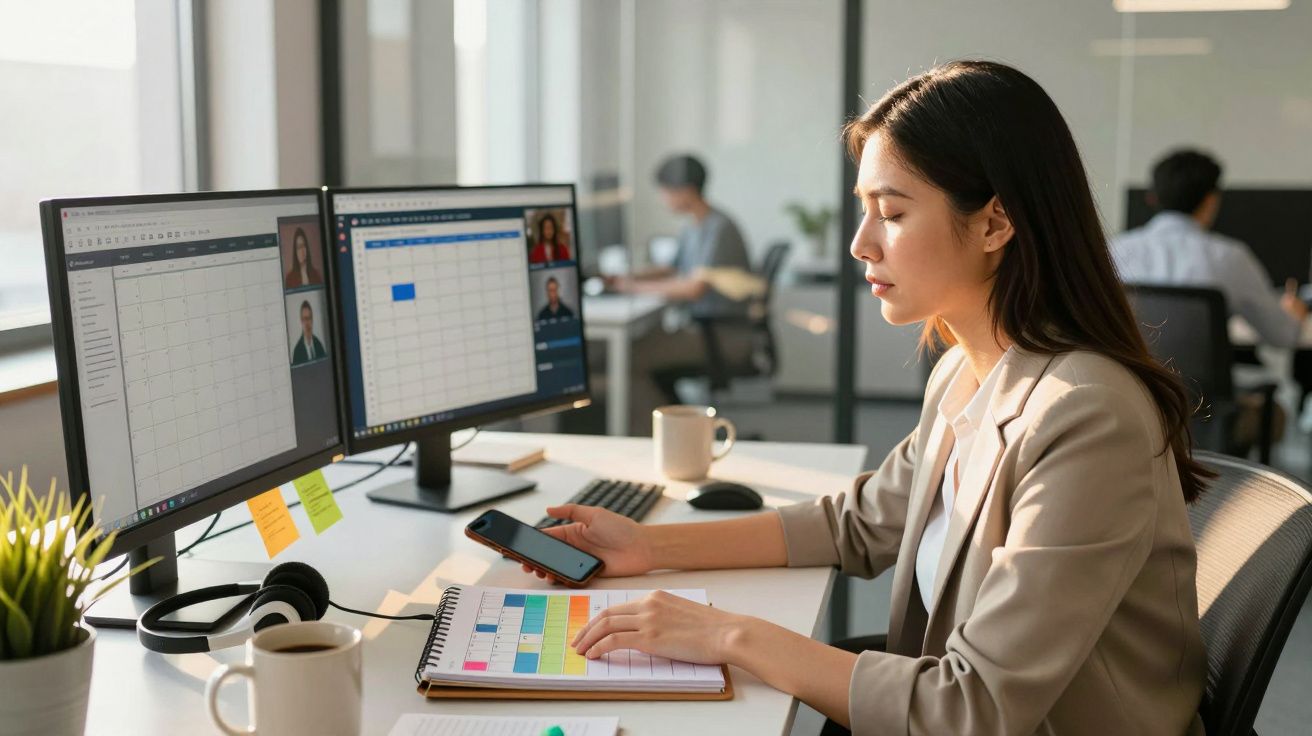 Mulher jovem usando smartphone e planejando agenda com agenda colorida em escritório moderno com computadores.