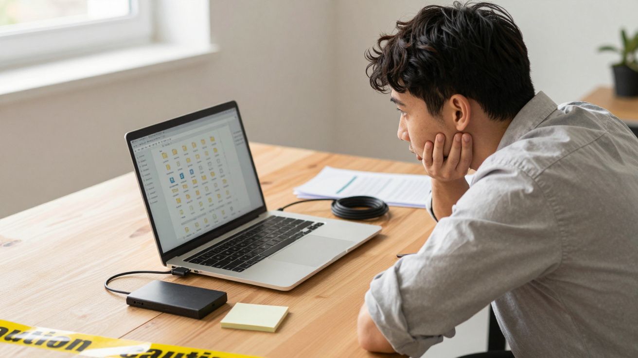 Homem sentado à mesa olhando concentrado para a tela de um notebook com arquivos abertos.