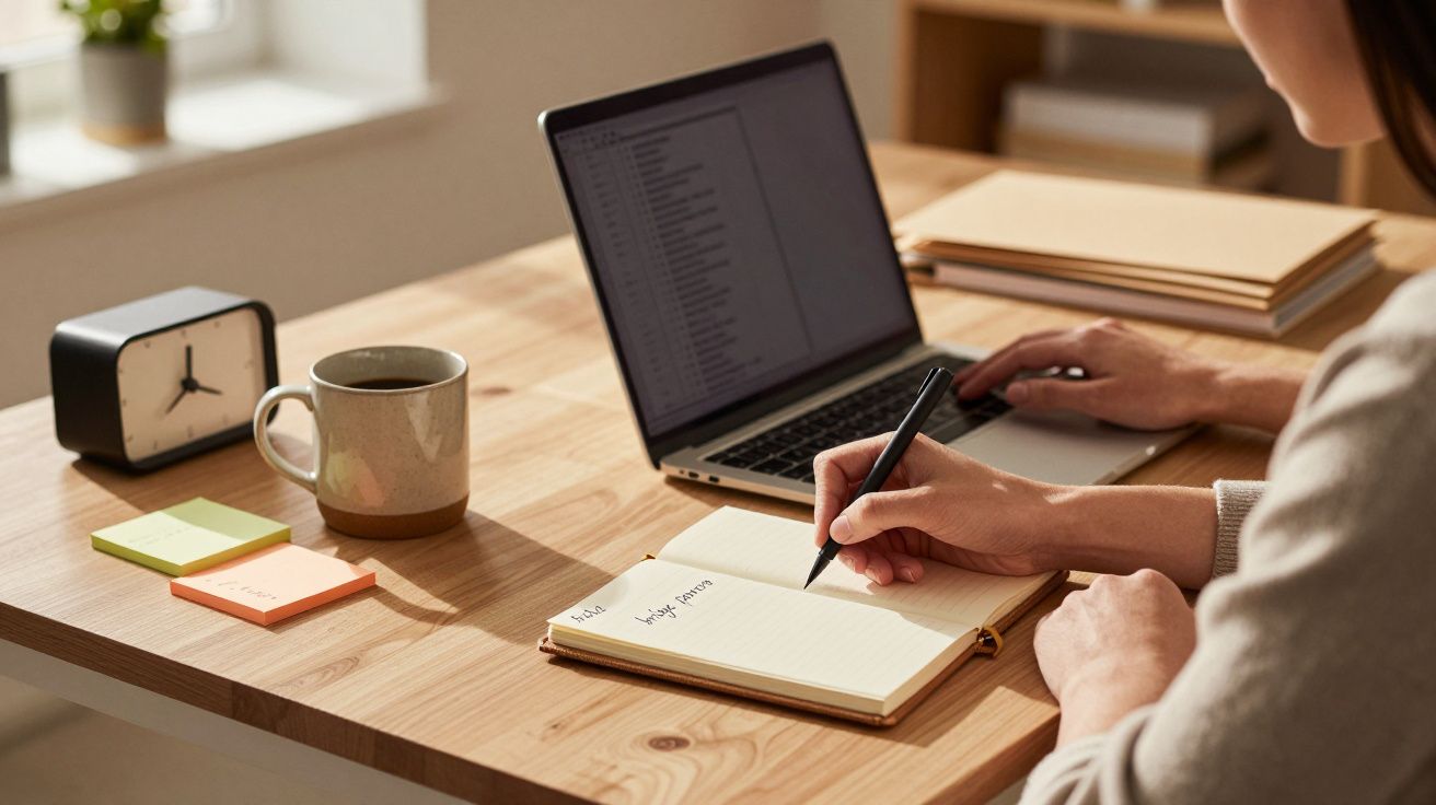 Pessoa escrevendo em caderno ao lado de laptop, xícara, bloco de notas e despertador em mesa de madeira.