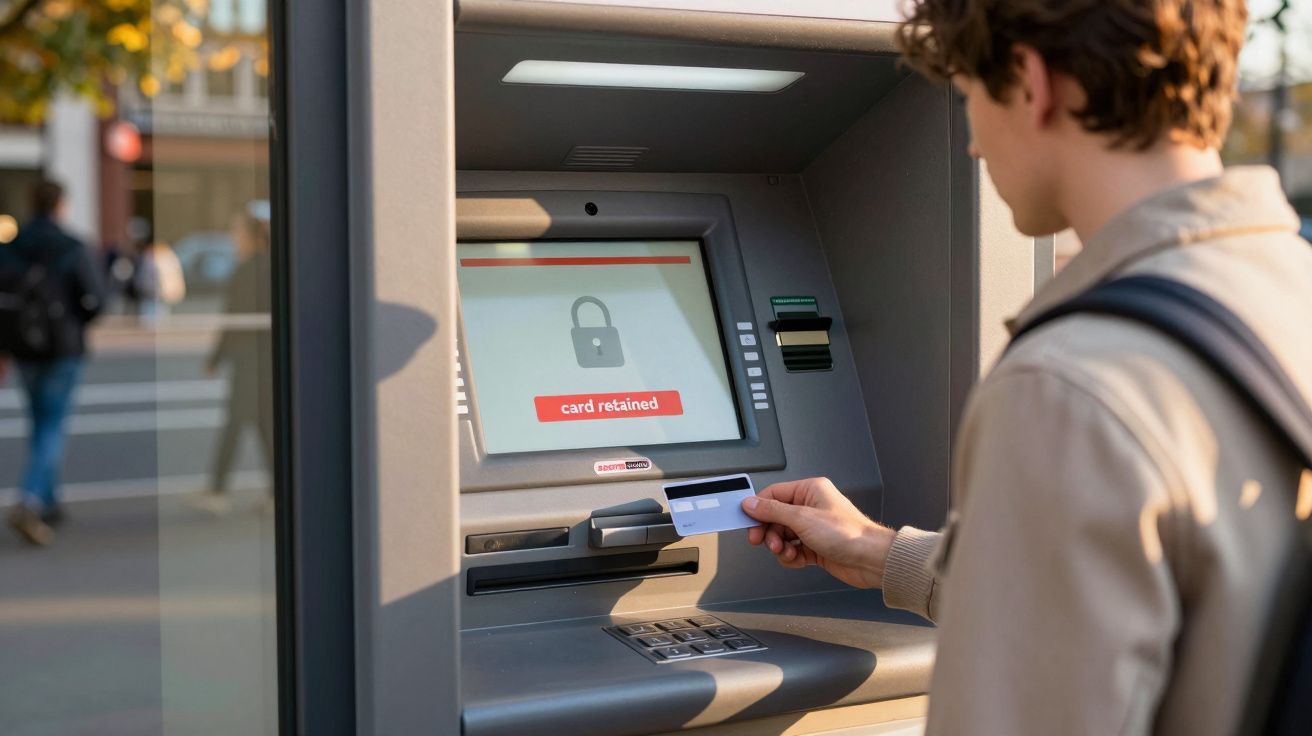 Pessoa tentando usar caixa eletrônico com cartão retido na máquina.