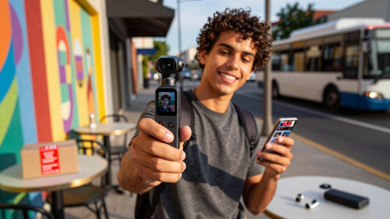 Jovem sorridente grava vídeo com câmera portátil enquanto segura celular na rua com ônibus ao fundo.