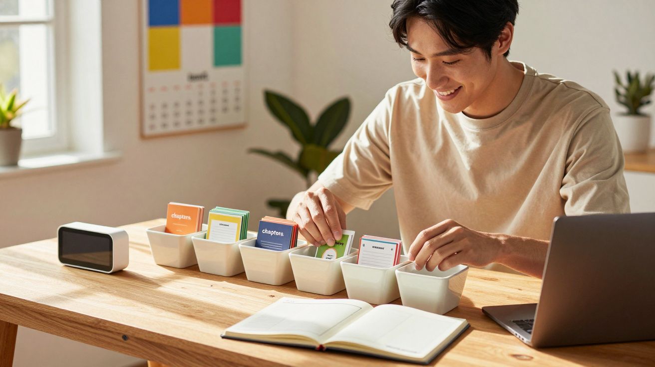 Homem sorrindo organiza cartões coloridos em potes brancos sobre mesa de madeira com laptop e livro aberto.