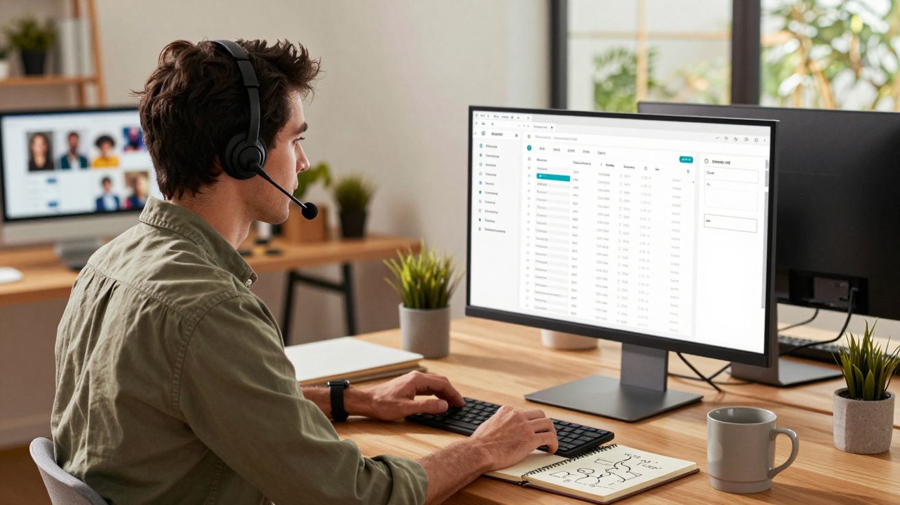 Jovem com headset trabalhando em computador em escritório com plantas e caderno ao lado.