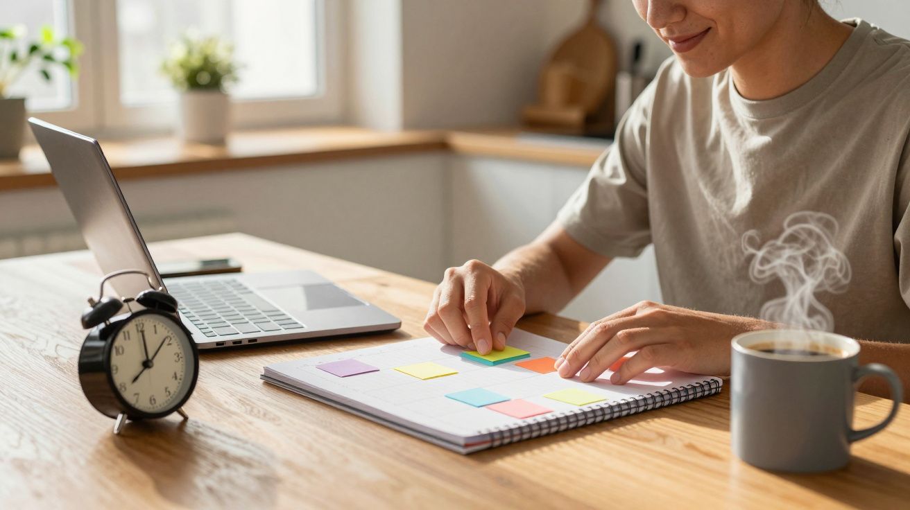 Pessoa organizando anotações com post-its coloridos, com um laptop, relógio e café na mesa.