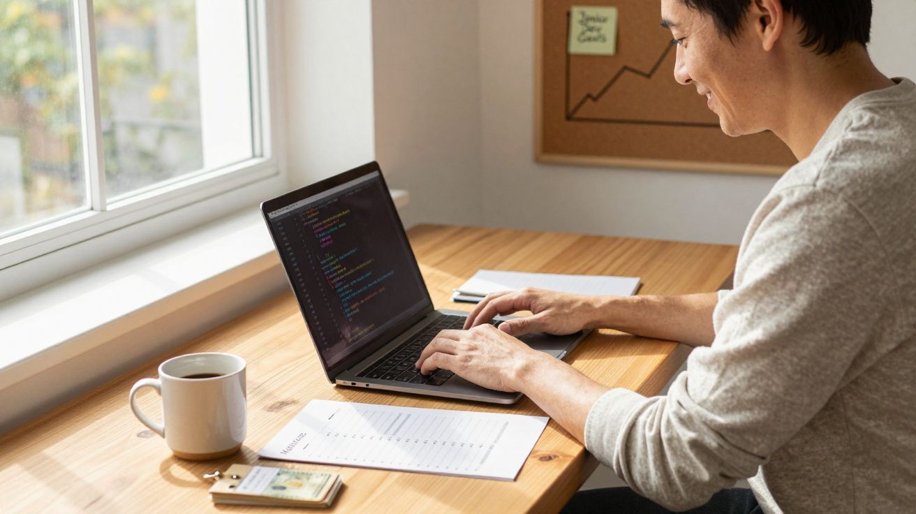 Pessoa sorrindo trabalha com código em laptop perto de janela, xícara de café e documentos na mesa de madeira.