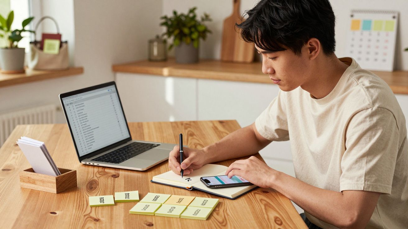 Homem jovem sentado à mesa escrevendo em caderno com laptop e celular ao lado em ambiente claro e organizado.