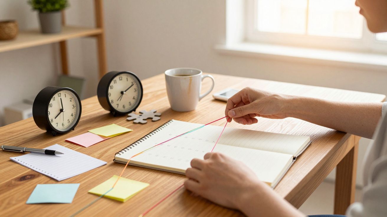 Pessoa organizando conexões com linhas coloridas em um caderno aberto sobre mesa de madeira.