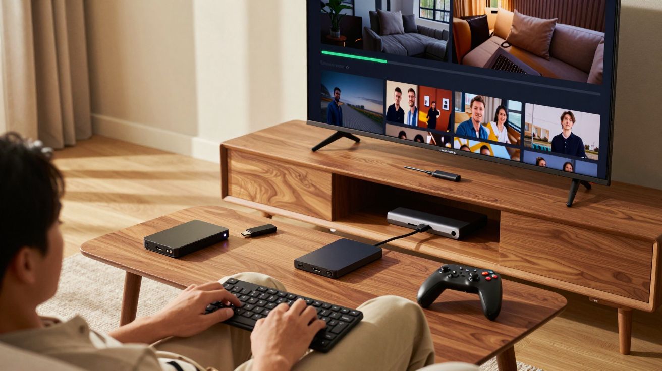 Pessoa usando teclado sem fio em sala com TV mostrando videoconferência e controle de videogame na mesa.