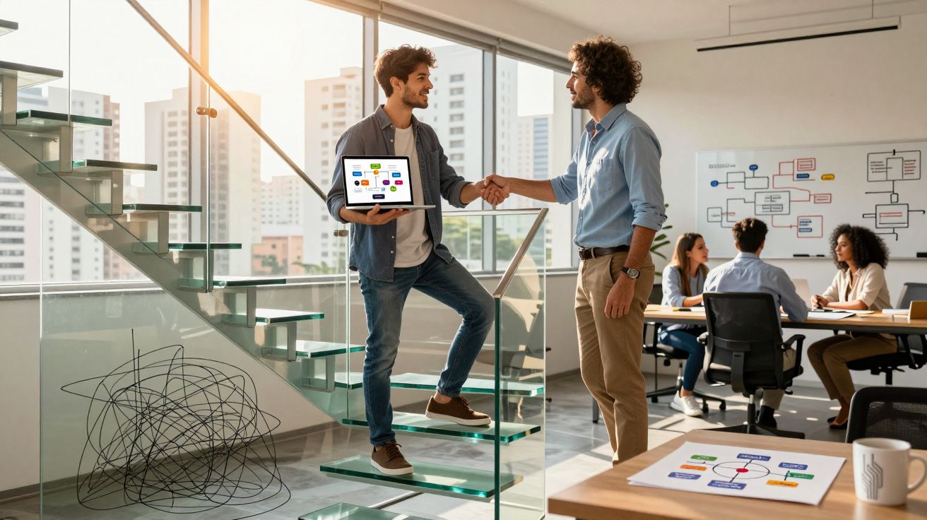 Dois homens apertam as mãos em escritório moderno, um segura laptop, grupo trabalha ao fundo na mesa.