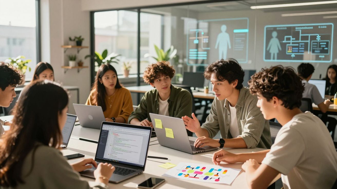 Jovens reunidos em sala moderna, discutindo projetos com laptops e gráficos sobre mesa.