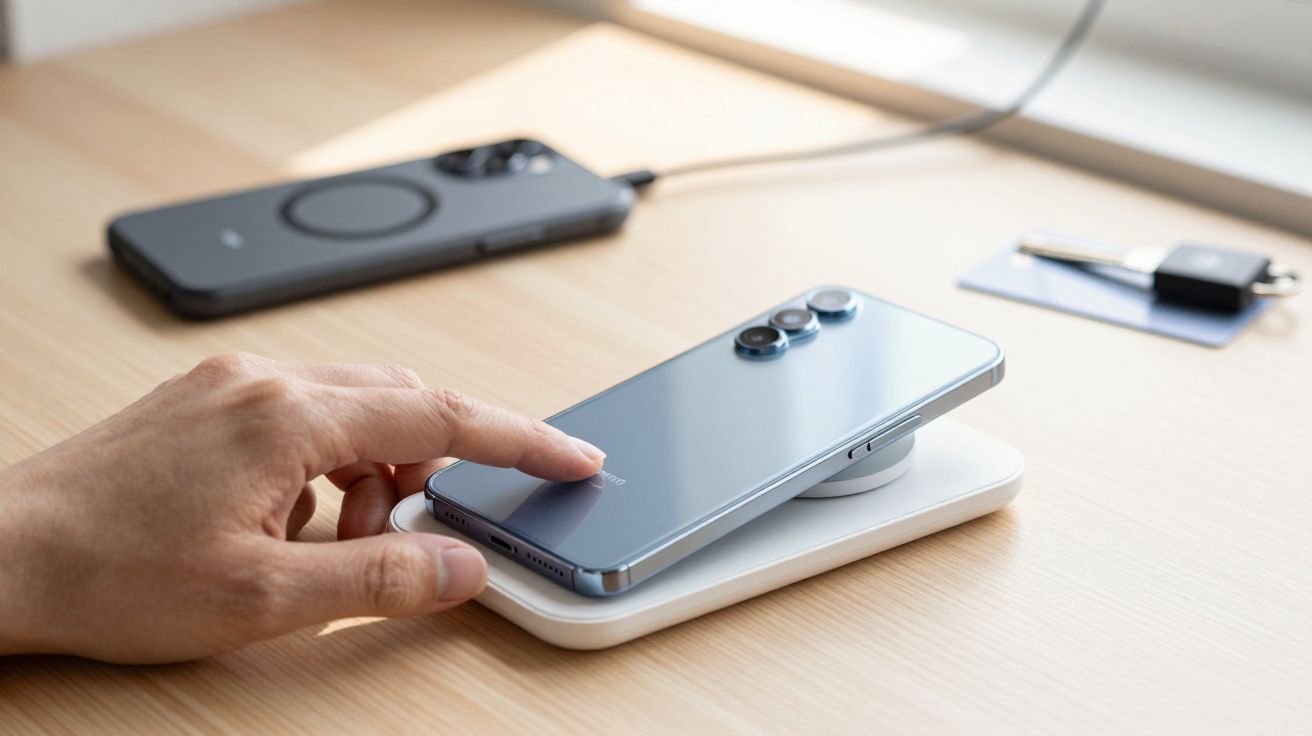 Mão tocando smartphone sobre carregador sem fio em mesa clara com outro celular e chaves ao fundo.