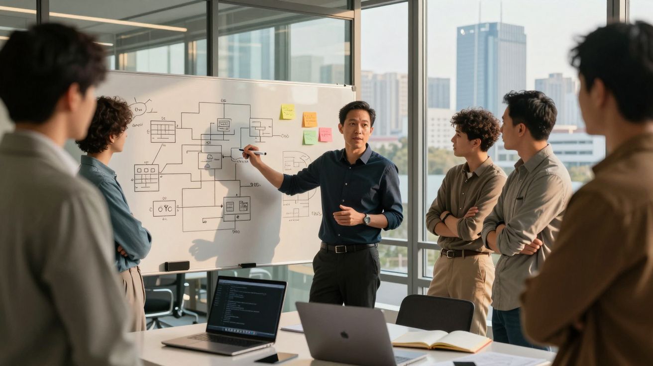 Homens em reunião empresarial discutem esquema desenhado em quadro branco com prédios ao fundo.