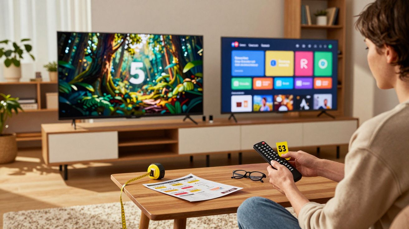 Pessoa segurando controle remoto em sala com duas TVs e fita métrica sobre mesa de madeira.