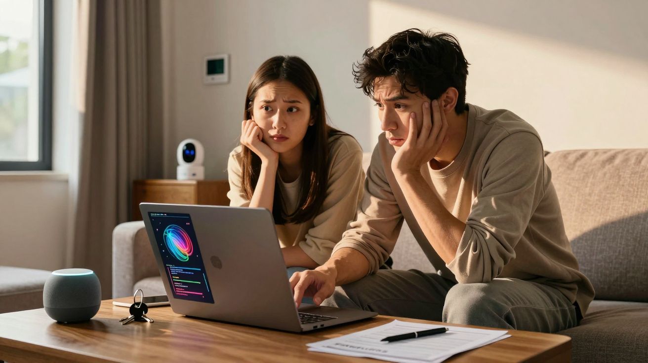 Jovem casal preocupado usando laptop e consultando documentos sentados no sofá da sala.