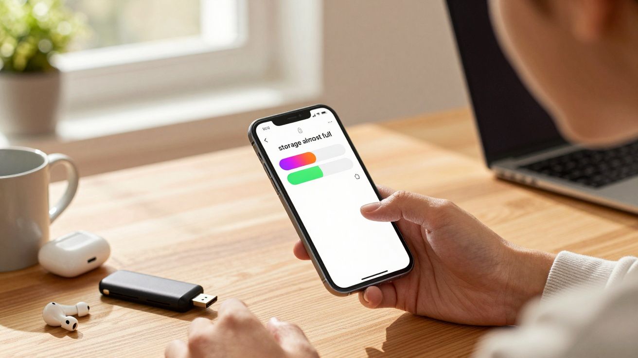 Pessoa segurando smartphone que mostra armazenamento quase cheio, com fones de ouvido, pen drive e laptop ao fundo.