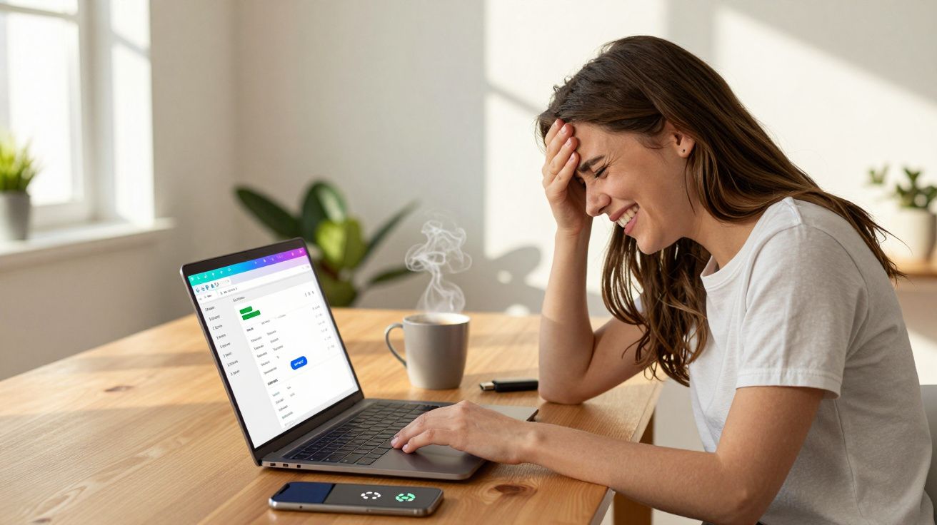Mulher sorrindo enquanto trabalha em laptop em mesa com celular e caneca com vapor ao fundo.