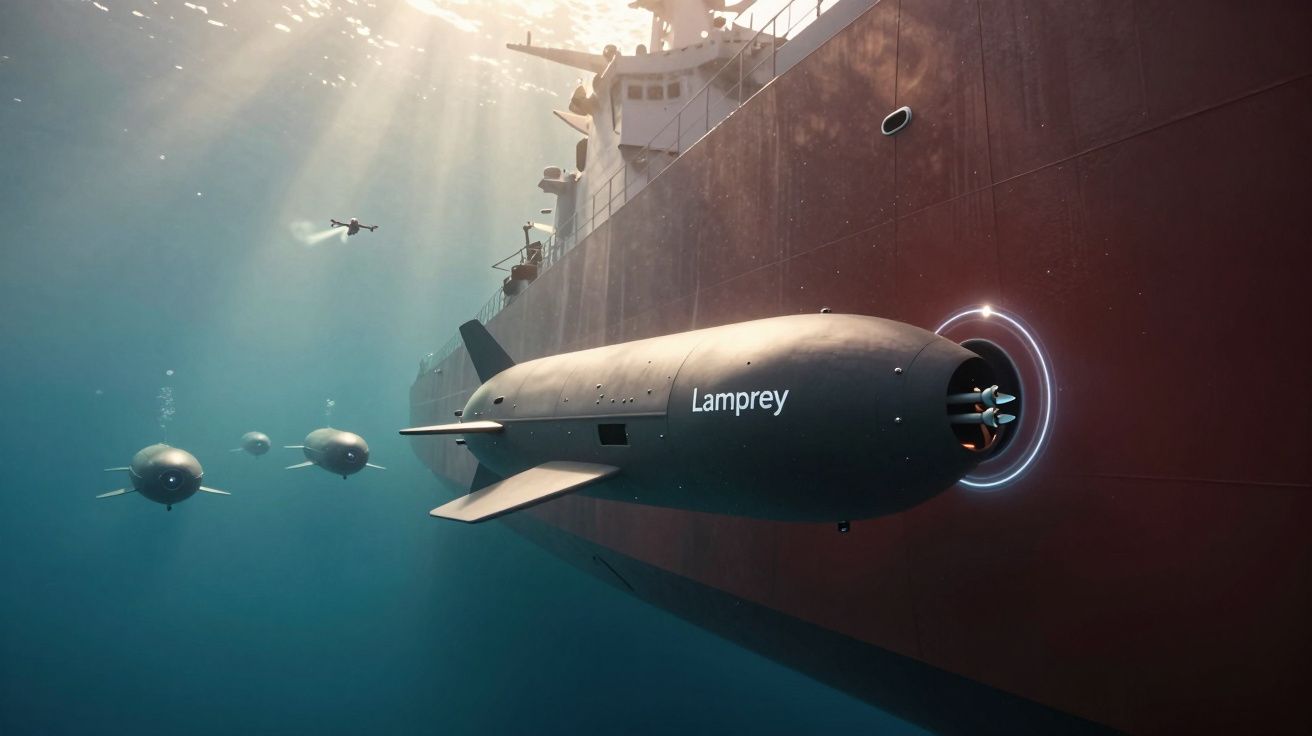 Torpedo subaquático Lamprey se aproximando da lateral de um navio enorme, com luzes e mergulho profundo.