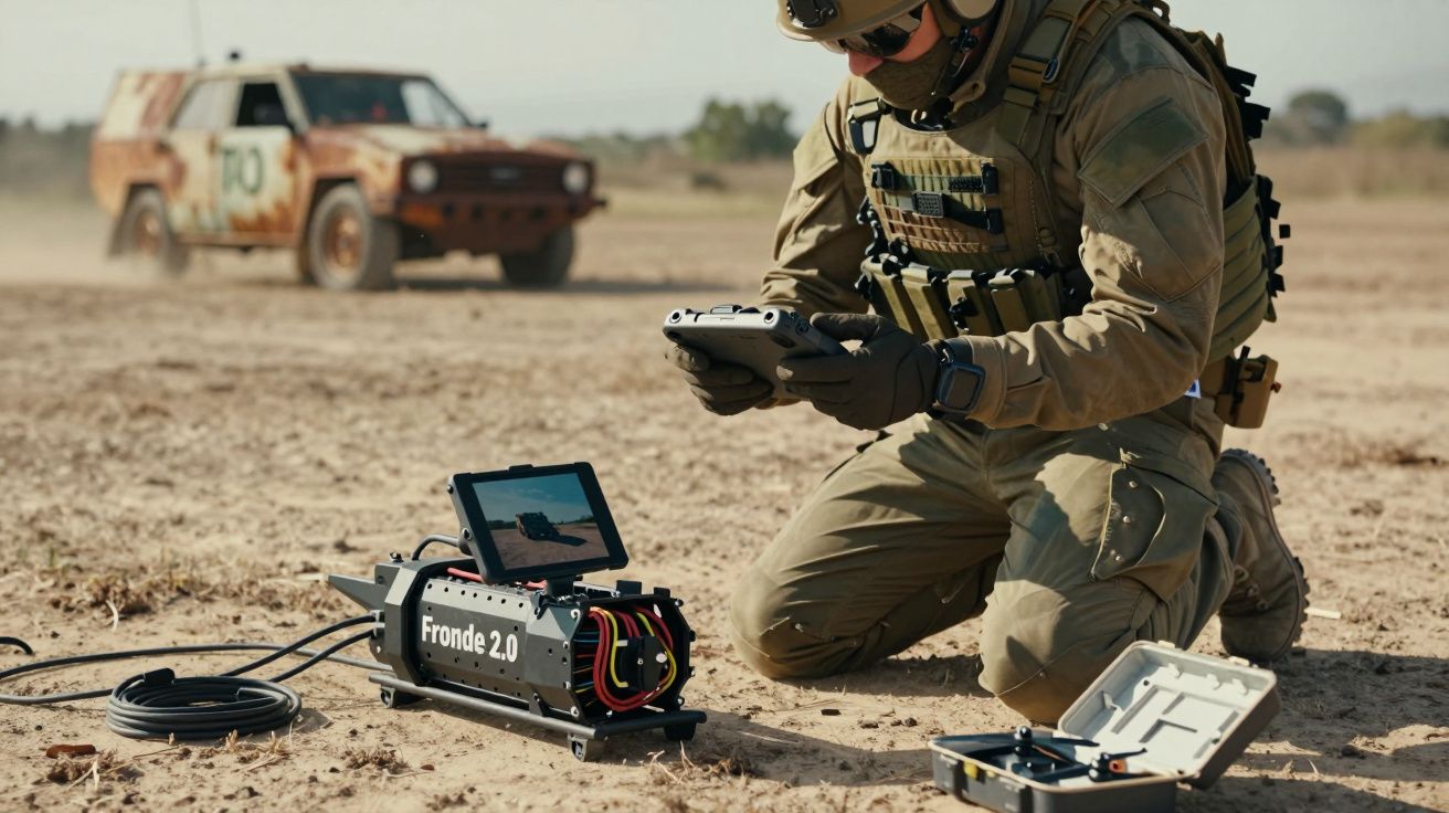 Soldado militar operando controle remoto de robô terrestre Fonde 2.0 em campo árido com veículo camuflado ao fundo.