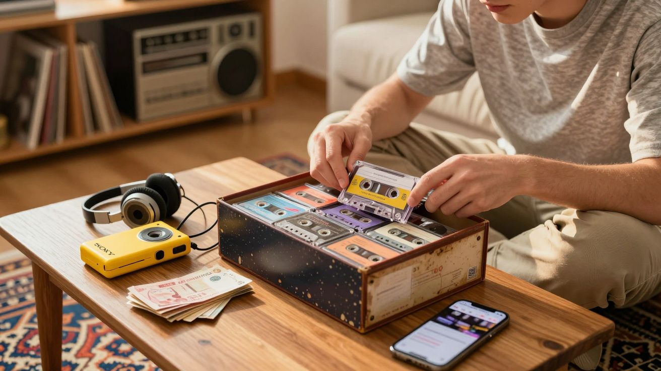 Pessoa organizando fitas cassete coloridas em caixa sobre mesa com toca-fitas amarelo, fones e celular.