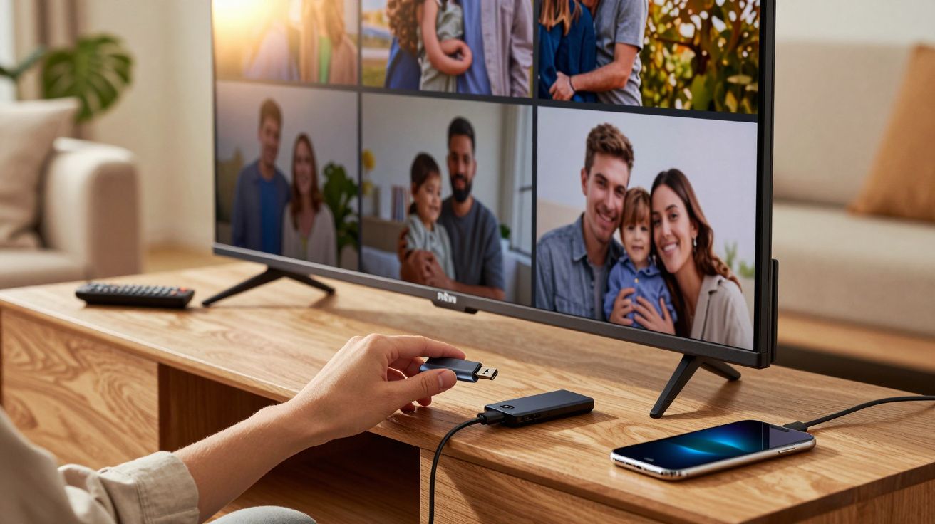 Mão conectando pen drive em case de armazenamento com fotos de família exibidas em TV na sala.